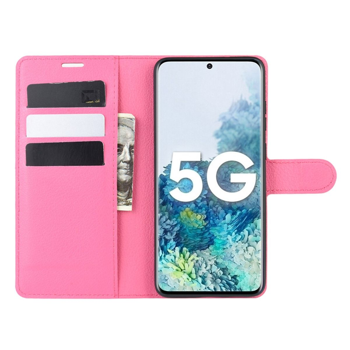 Rosa Handyhülle mit Geldschein und Karten. Bildschirm zeigt 5G Text auf floralem Hintergrund.