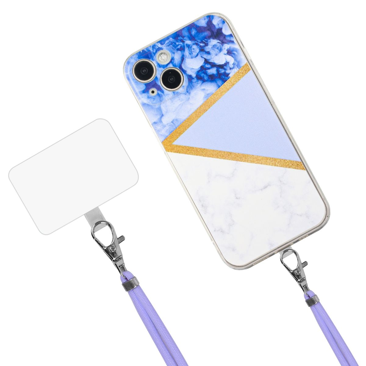 Eine Handyhülle mit blauem und weißem Marmordesign ist an einem lila Schlüsselband befestigt.