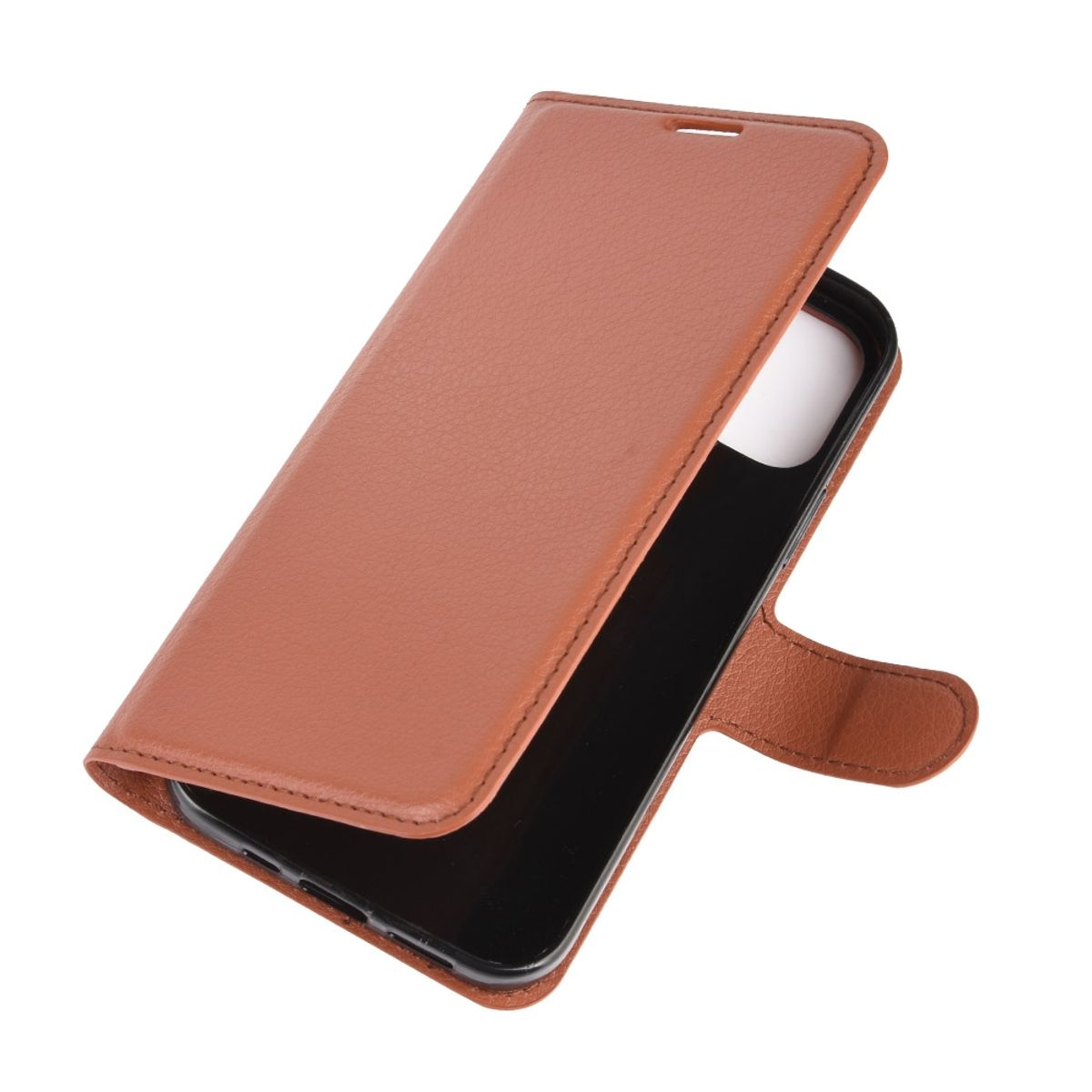 Braune Handyhülle mit einem schwarzen Telefon darin.