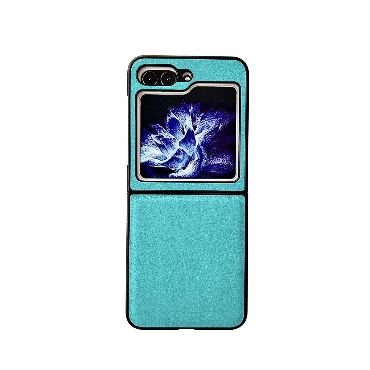 Türkisfarbene Handyhülle für ein faltbares Telefon mit Blumenbild auf dem Innendisplay.