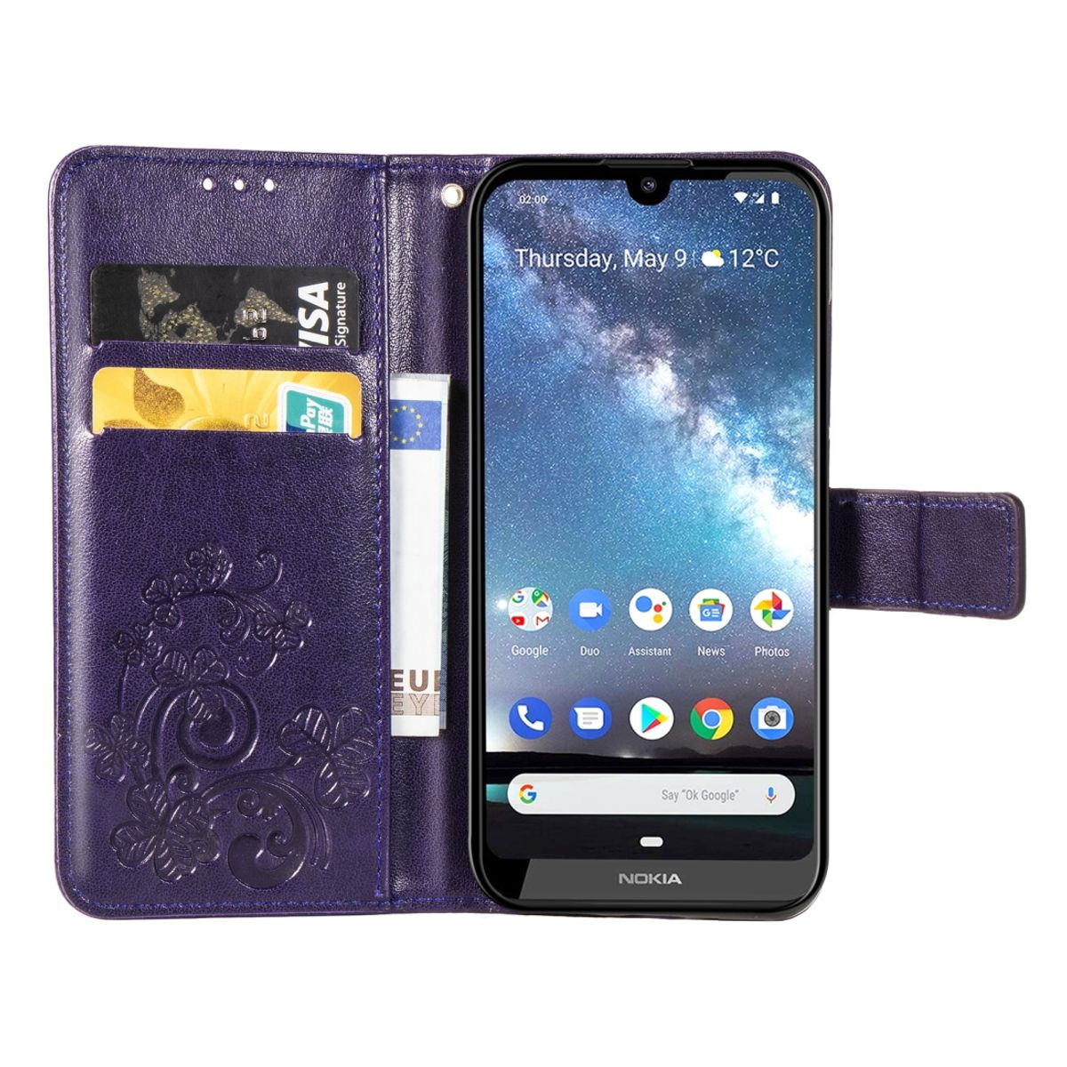 Lila Handyhülle offen mit einem Telefon, das die Uhrzeit anzeigt. Hat Kartenfächer und einen Geldschein. Das Telefon ist ein Nokia.