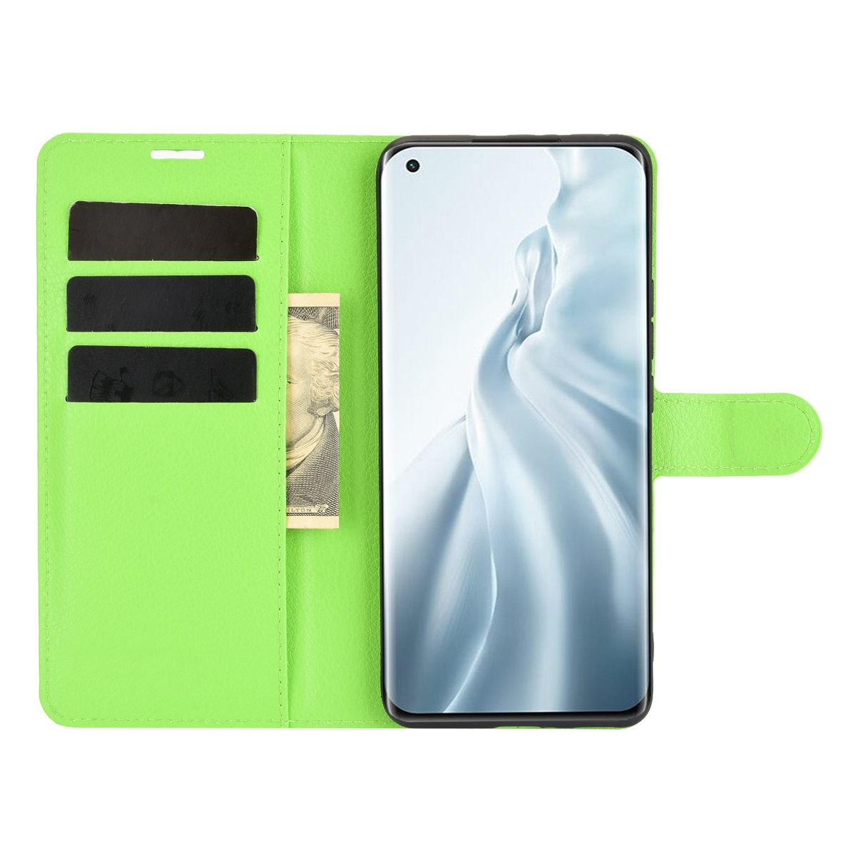 Grüne Handyhülle offen, mit einem Telefon darin. Sie hat Kartenfächer und einen Geldschlitz.