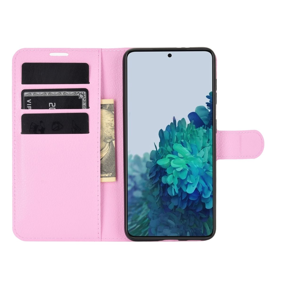 Rosa Handyhülle offen, mit Karten, Geld und Telefon. Telefon hat ein Display.