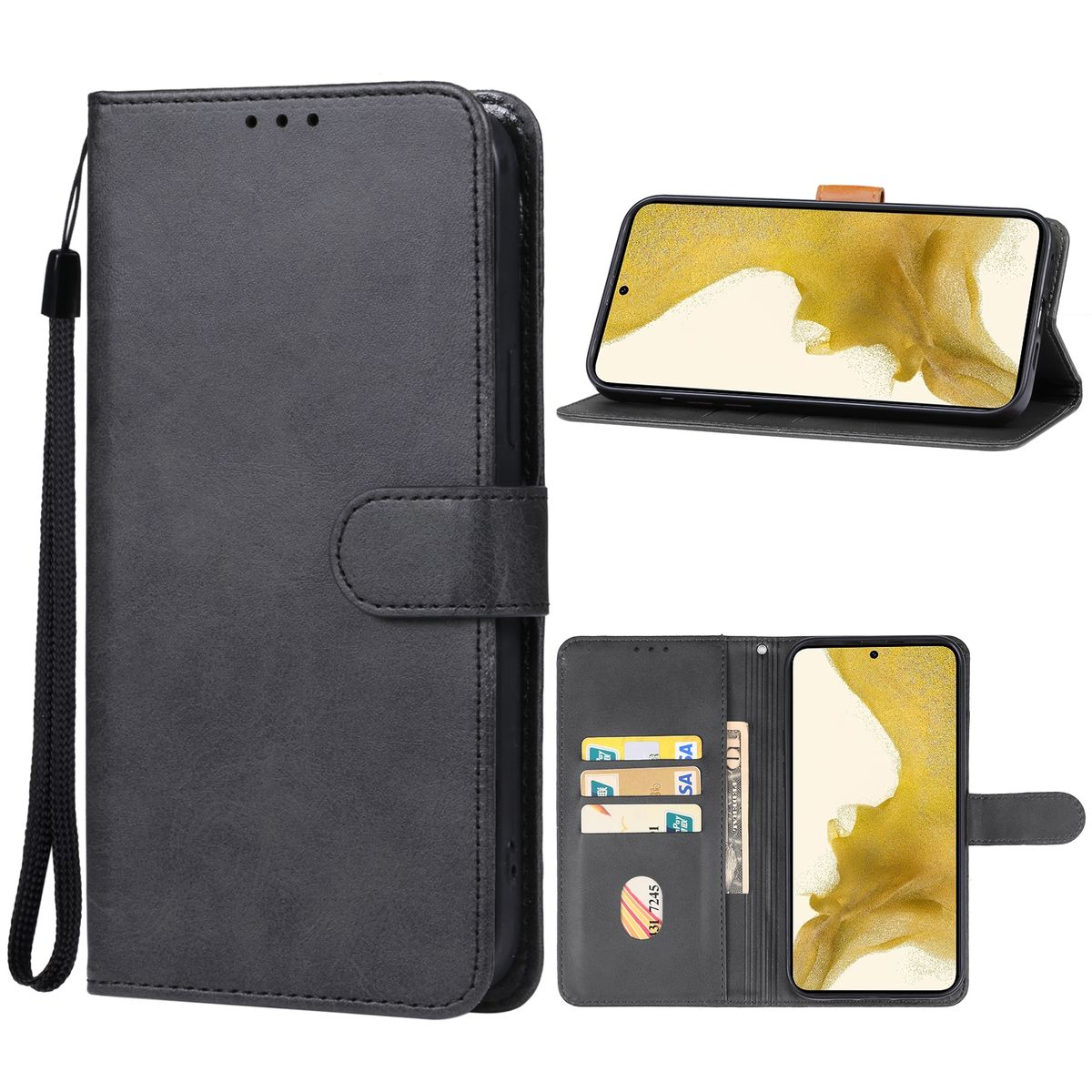 Schwarze Handyhülle mit mehreren Ansichten, einschließlich Kartenfächern und Display.