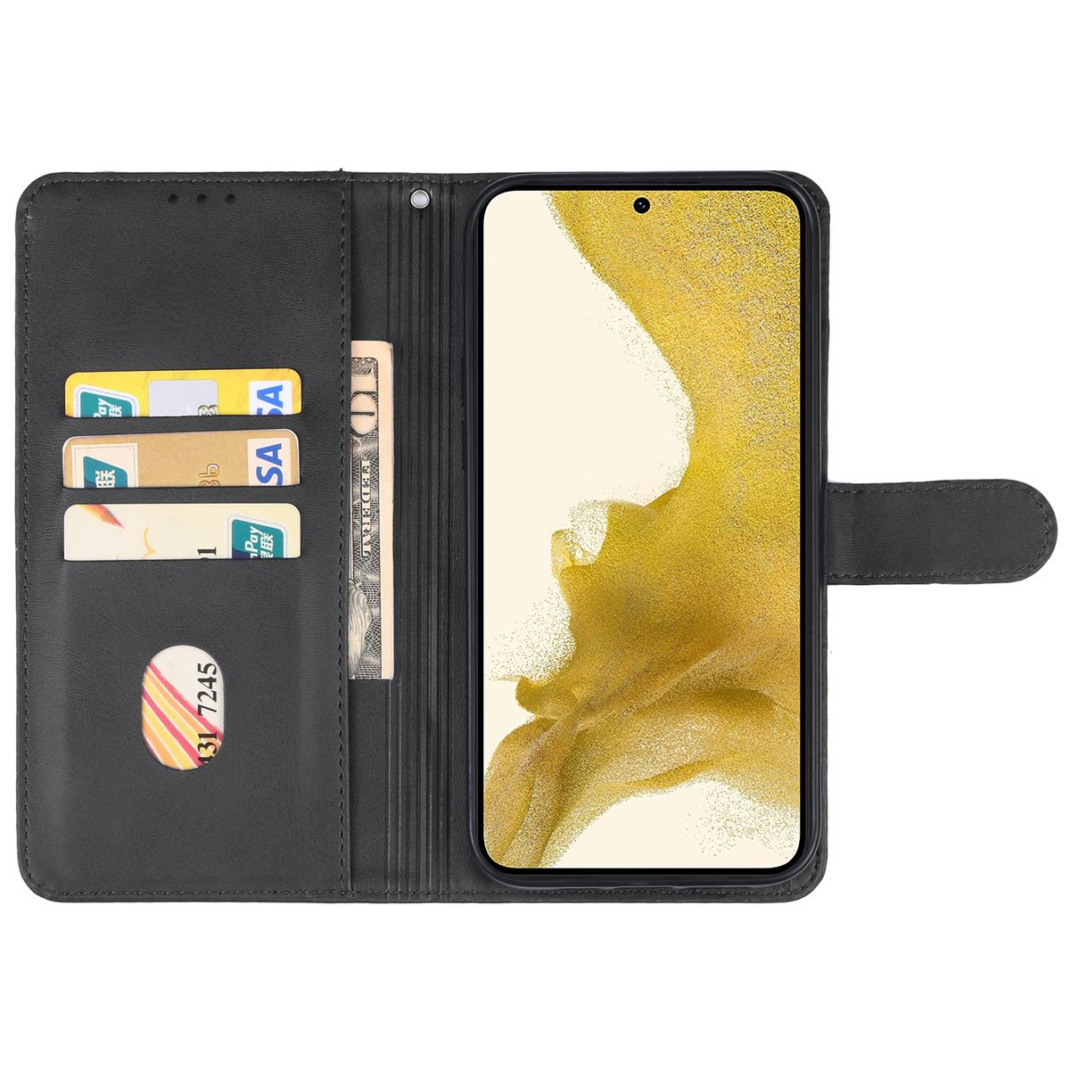 Schwarze Handyhülle offen mit Karten, Geld und Telefon darin. Weißer Hintergrund.