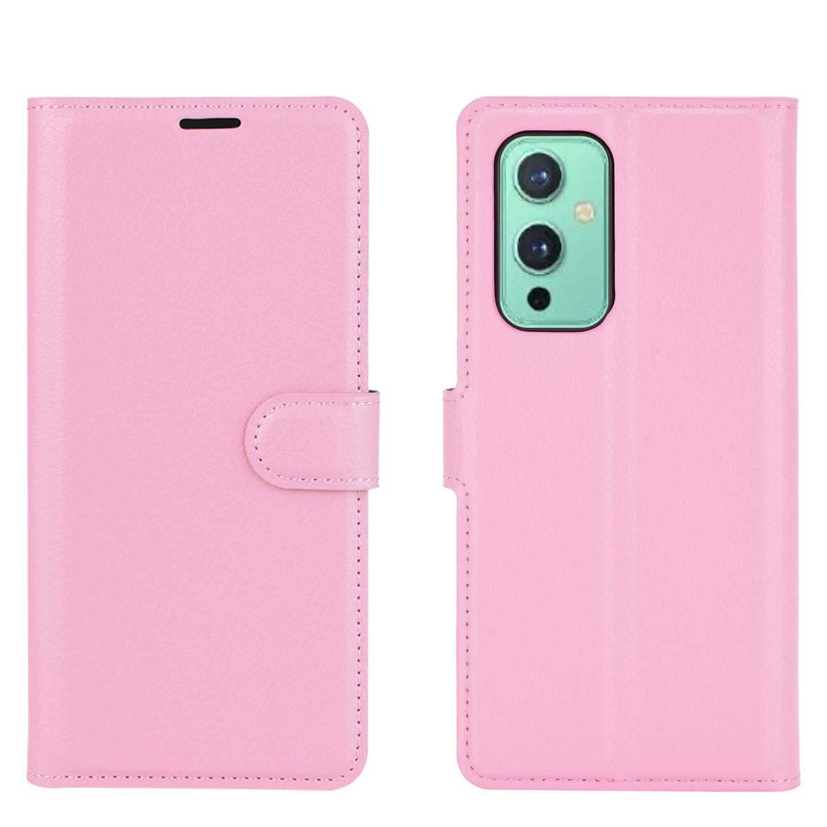 Rosa Handyhülle geöffnet, zeigt ein Telefon. Weißer Hintergrund.
