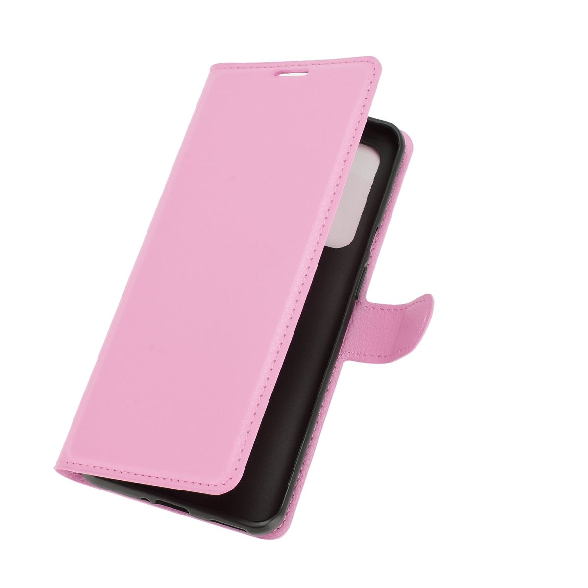 Rosa Handyhülle geöffnet. Die Hülle ist oben. Das Handy ist innen, schwarze Farbe.