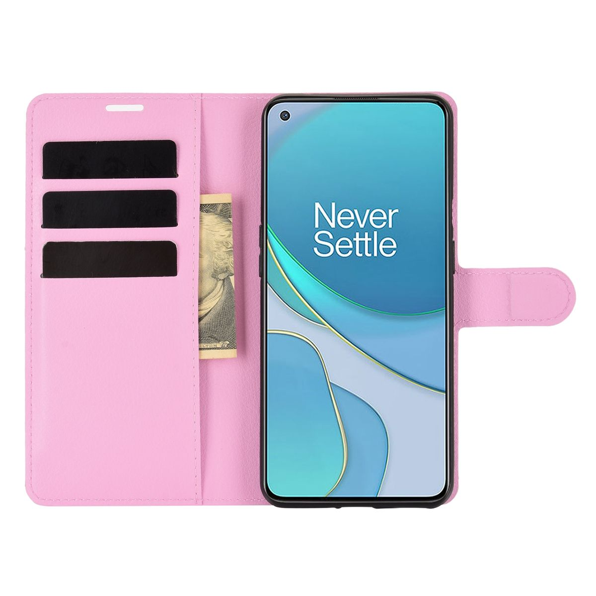 Offene rosa Handyhülle mit einem Dollarnoten und Karten in den Schlitzen. Ein Telefon ist sichtbar.