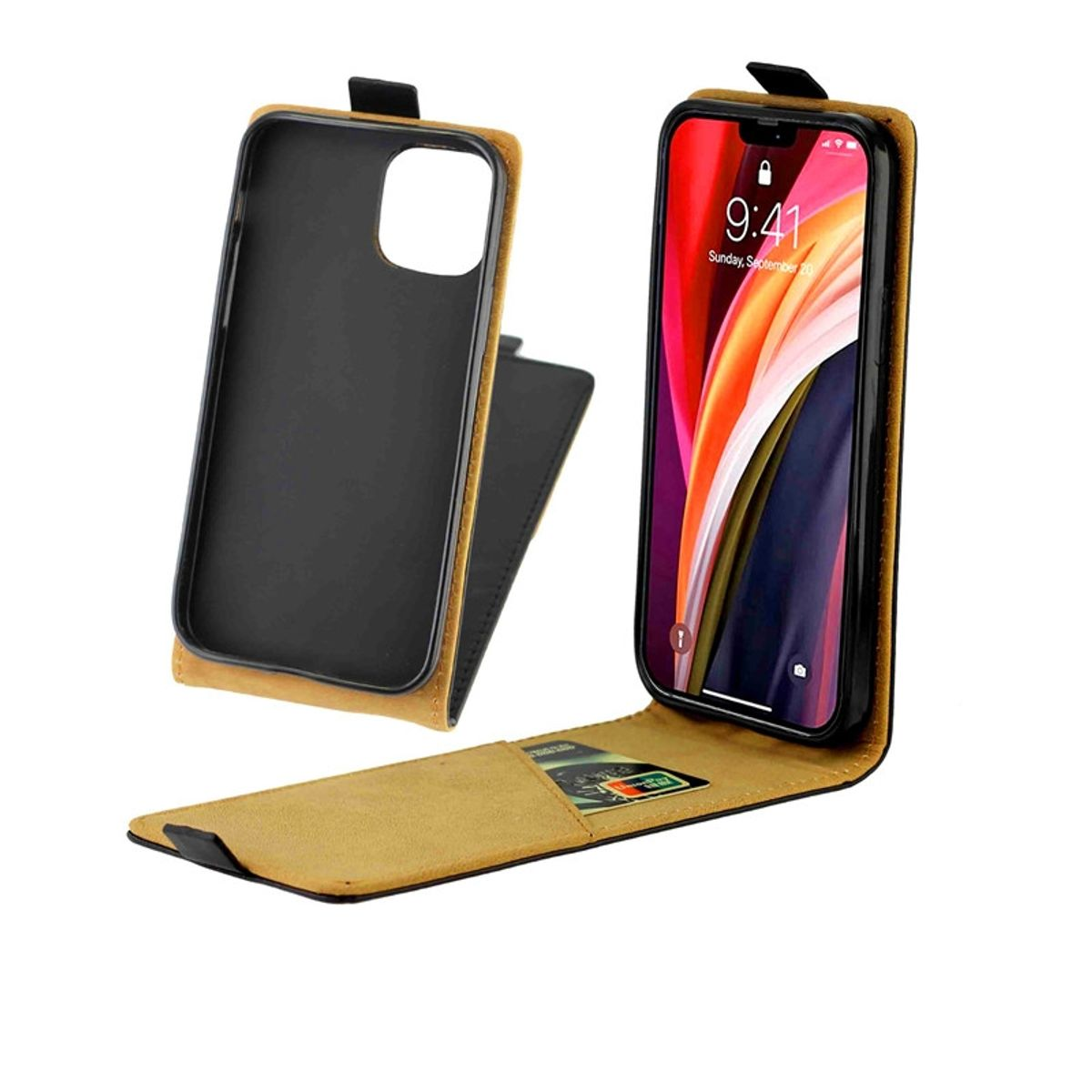 Telefon mit geöffneter Hülle. Das Telefon befindet sich auf der rechten Seite, die Hülle links.