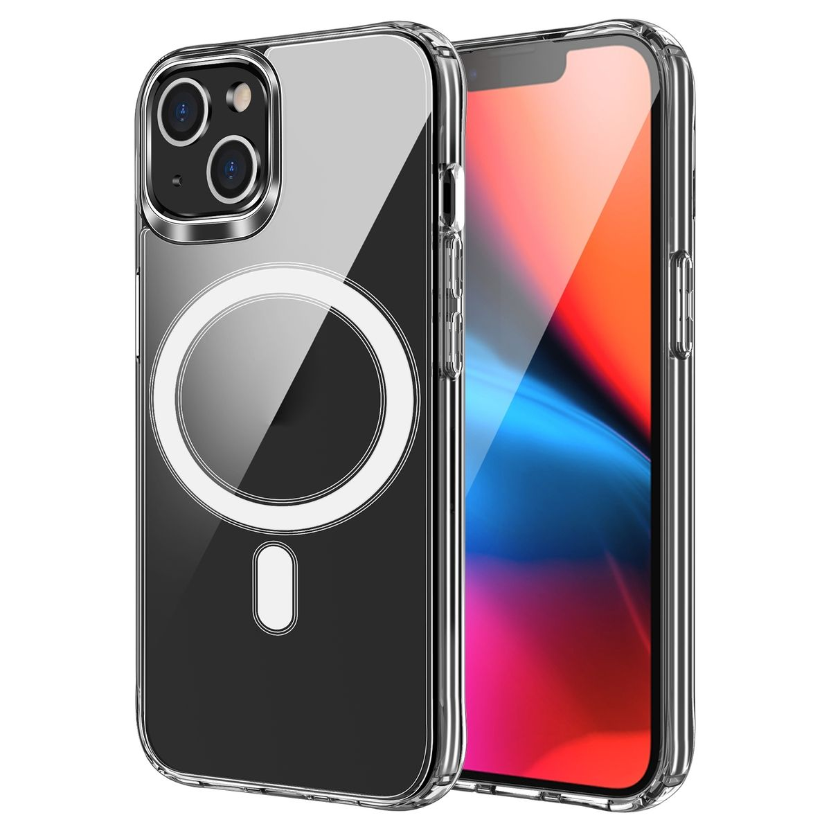 Transparente Handyhülle mit silbernem Kamerarand und Magnetkreis, zeigt den Telefonbildschirm.