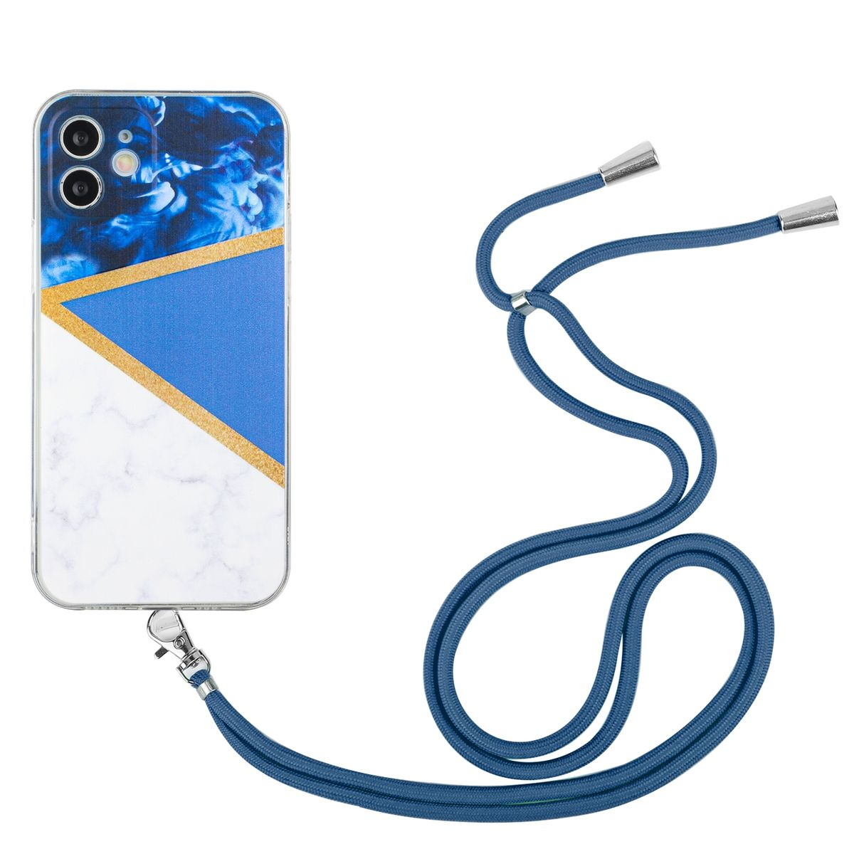 Handyhülle mit Riemen. Die Hülle ist blau und weiß, mit blauem Riemen. Telefon ist sichtbar.