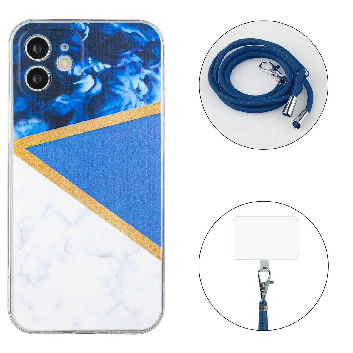 Handyhülle mit blauem, abstraktem Design, einem blauen Schlüsselband und einem weißen Telefonhalter.