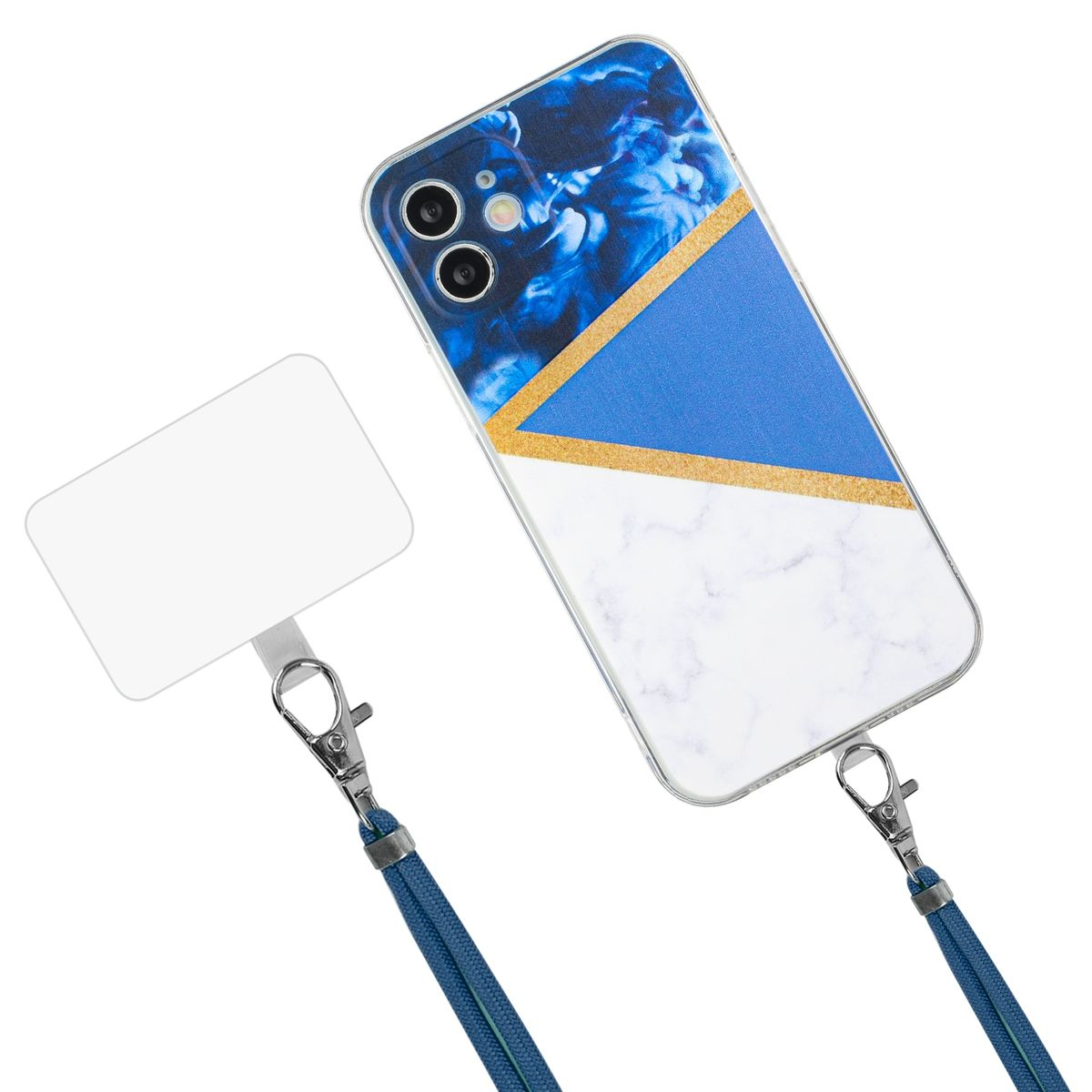 Handyhülle mit blau-weißem Design. Telefon an einem Lanyard befestigt. Weißes Etikett an der Seite.