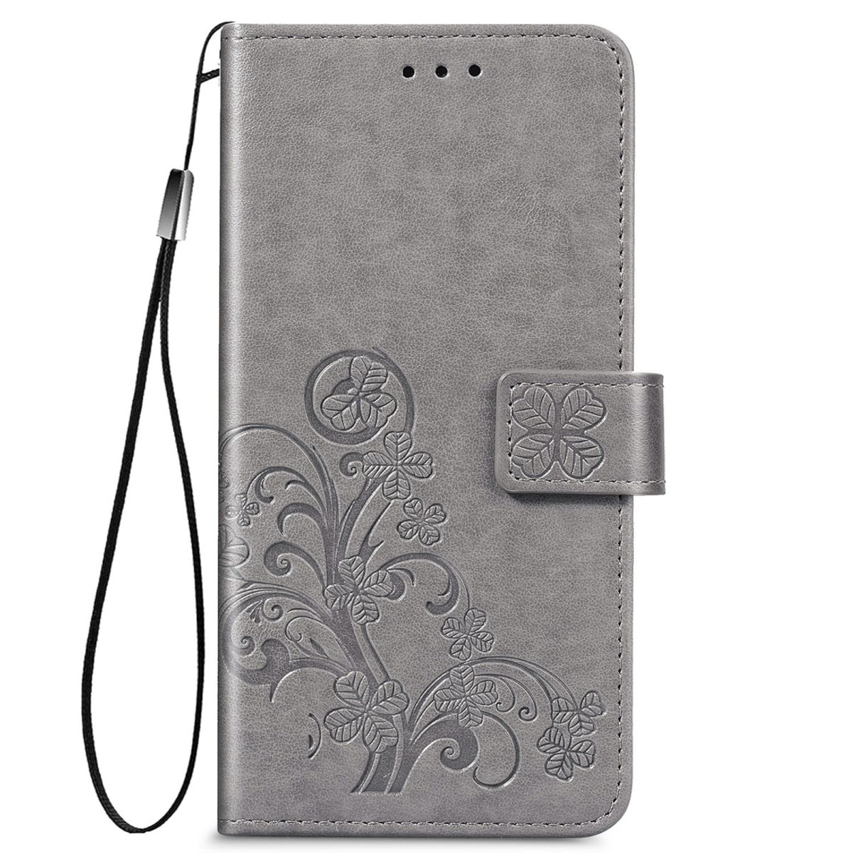 Graue Handyhülle mit Kleeblatt-Design und Handschlaufe.