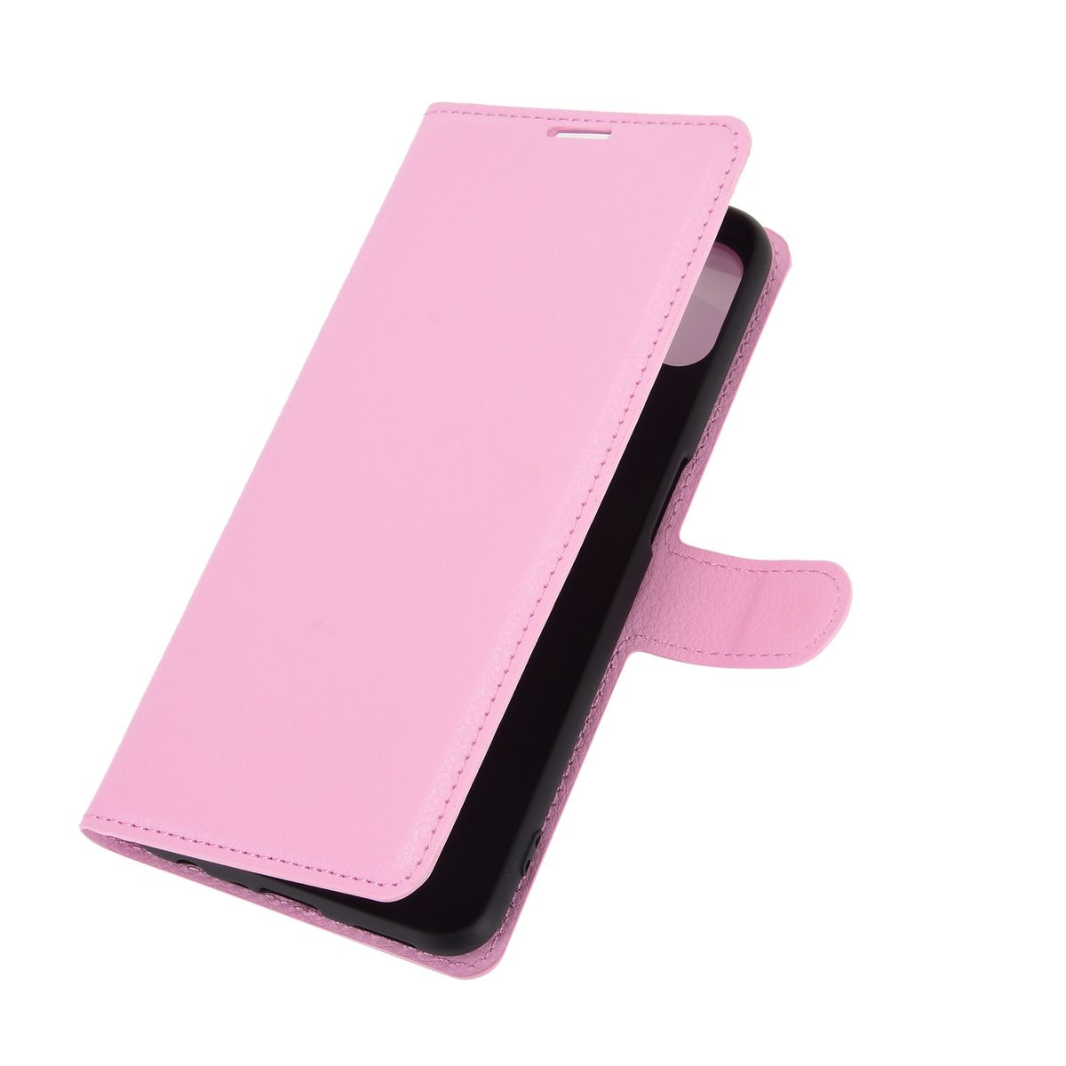 Eine pinkfarbene Handyhülle, teilweise geöffnet, zeigt ein Telefon. Die Hülle hat einen Magnetverschluss.