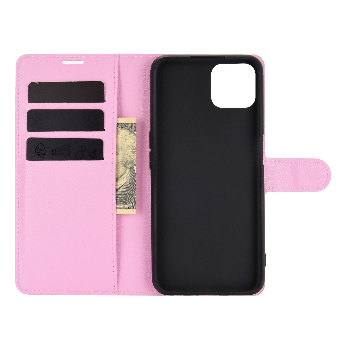 Offene rosa Handyhülle mit schwarzem Innenraum, Kartenfächern, einer Note und einem Telefon.