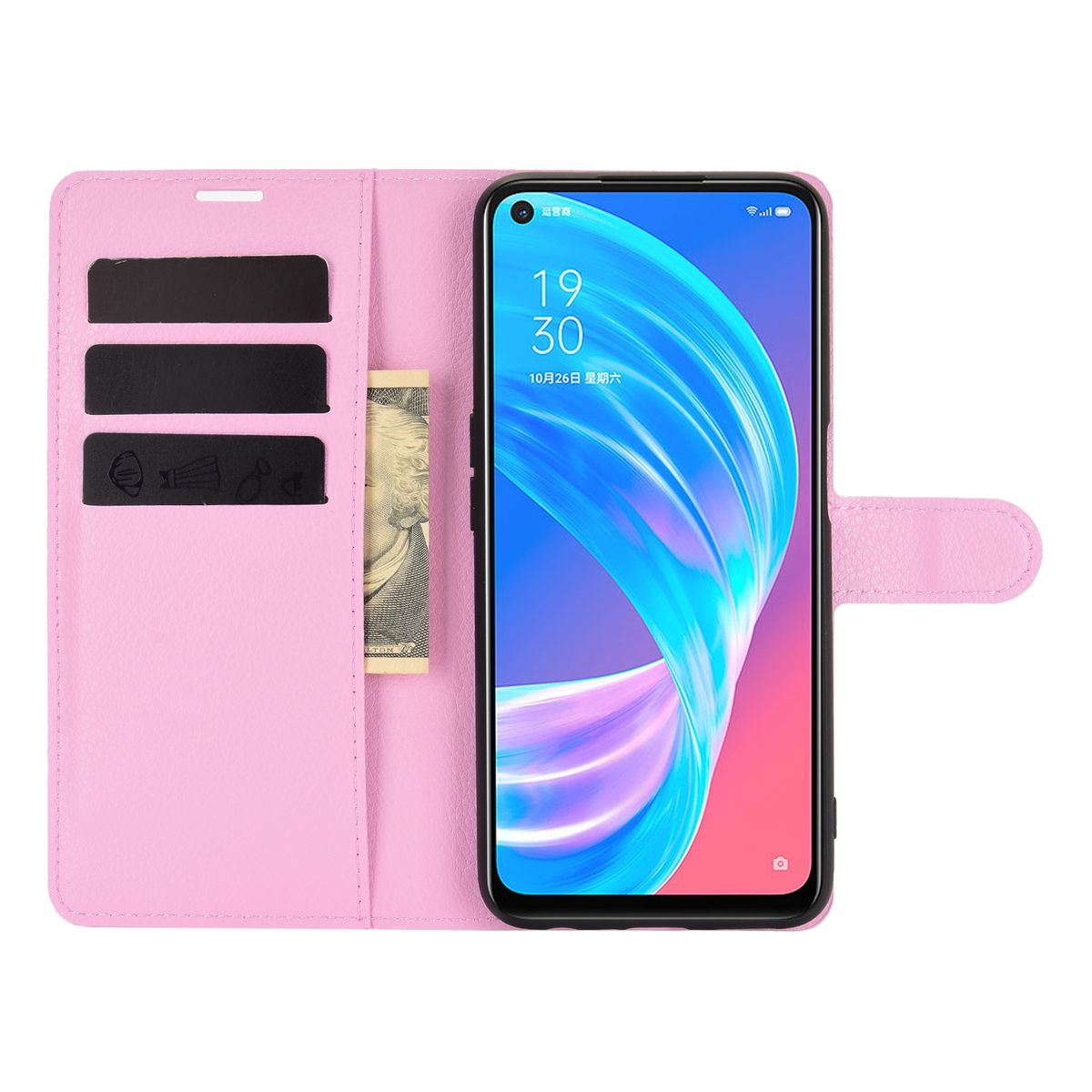 Offene rosa Handyhülle, Handy mit Zeitangabe, Geld und Karten sichtbar.