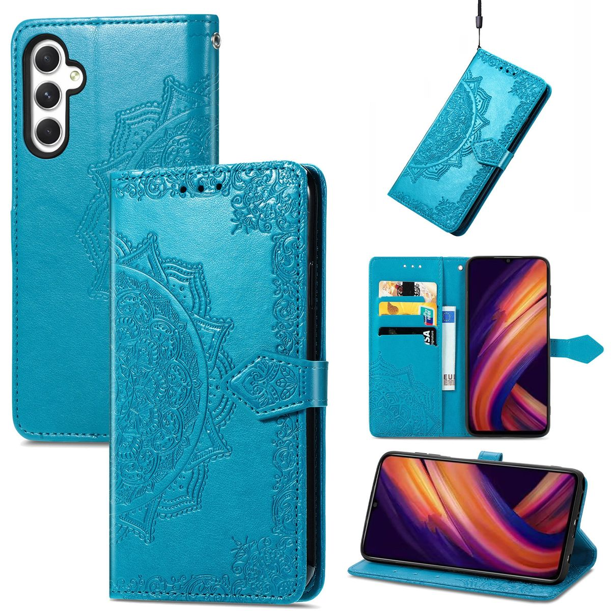 Eine türkisblaue Handyhülle mit geprägtem Blumendesign, offen, ein Telefon zeigend.