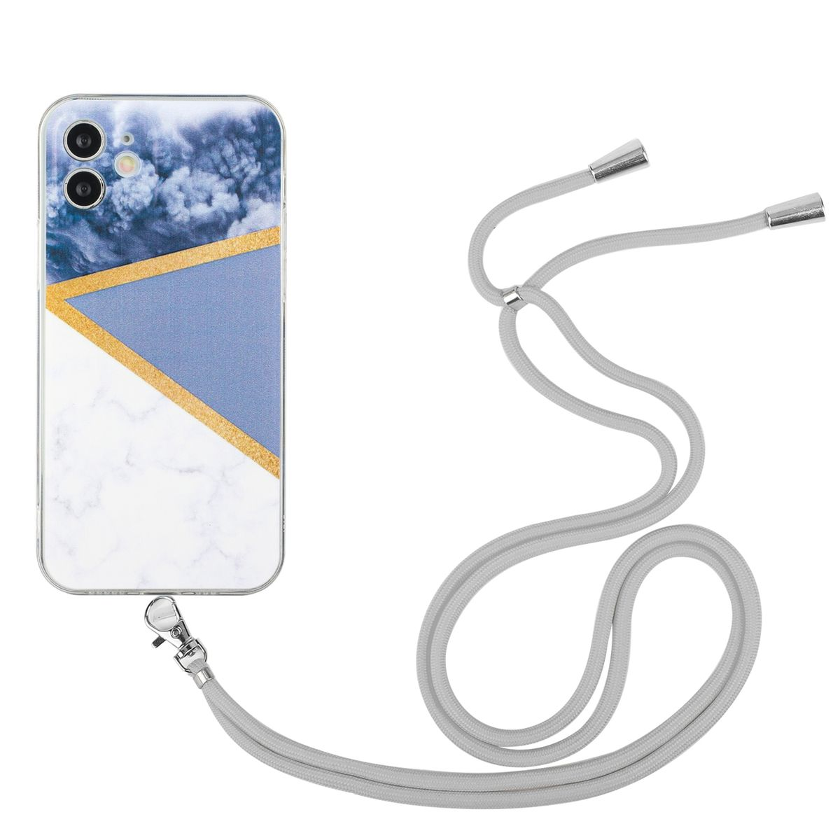 Handyhülle mit Marmordesign und grauem Lanyard.