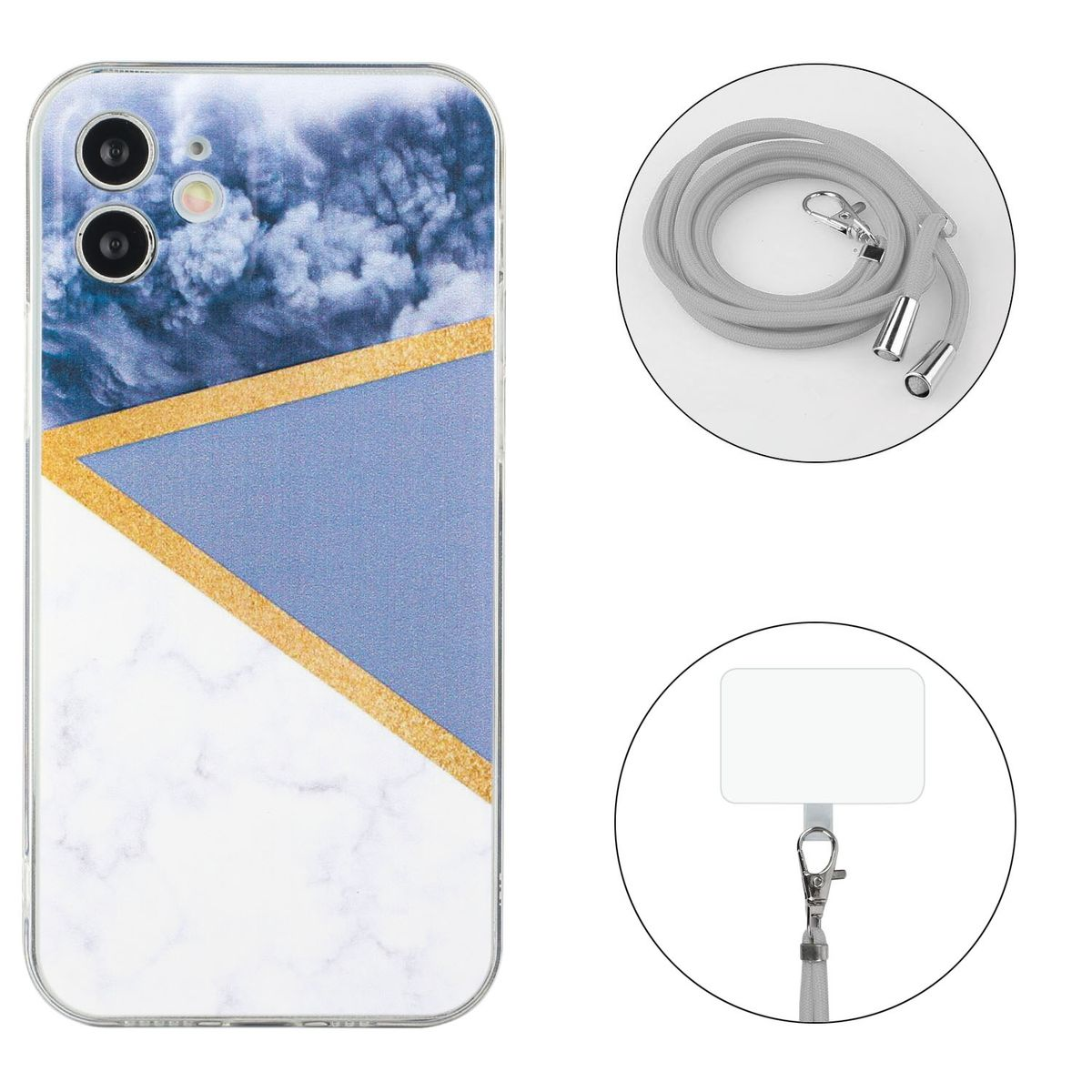 Handyhülle mit Marmordesign, mit Telefon, grauem Gurt und weißer Platte.