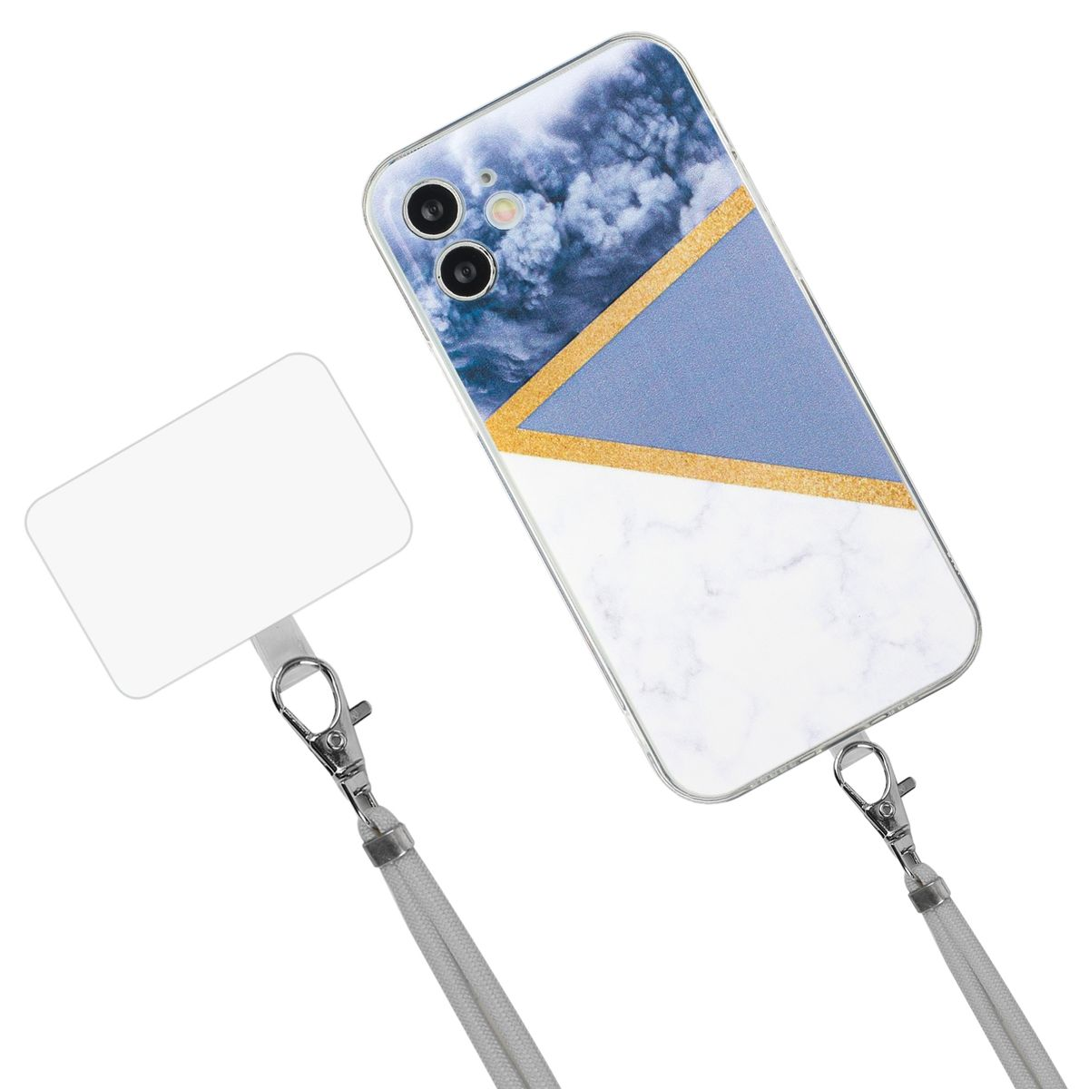 Handyhülle mit marmorähnlichem Design, an einem Lanyard befestigt. Das Telefon ist weiß, blau und gold.