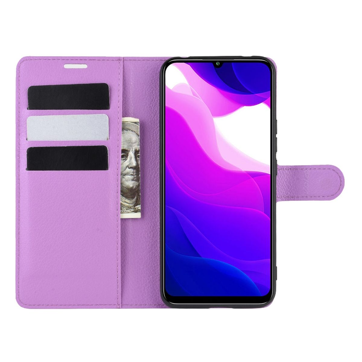 Offene lila Handyhülle mit Telefon, das ein lila und blaues Bild anzeigt. Ein Dollarschein steckt im Schlitz.