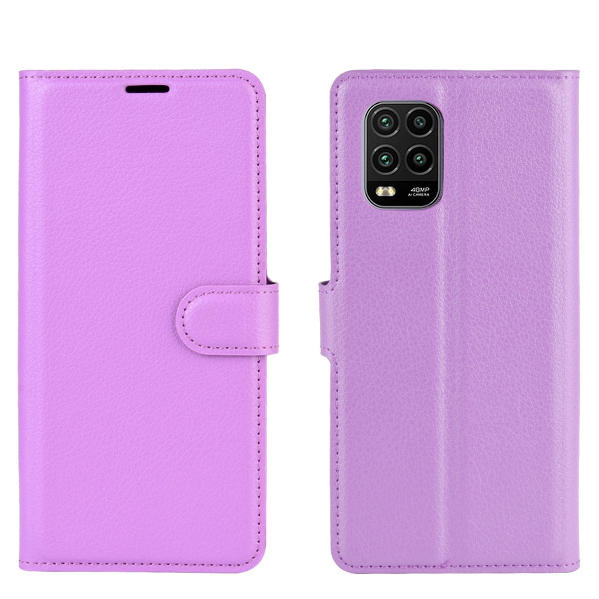 Eine lila Handyhülle ist geöffnet und zeigt ein Telefon. Die Hülle ist im Flip-Stil, geschlossen.