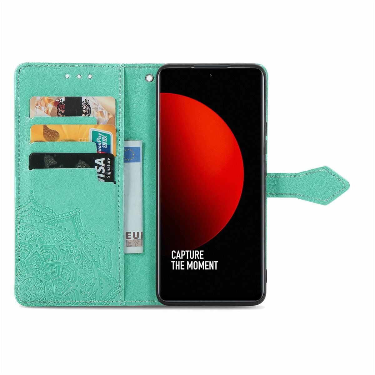 Türkis Handyhülle, geöffnet. Mit Karten und Telefon. Telefon zeigt rotes Design.