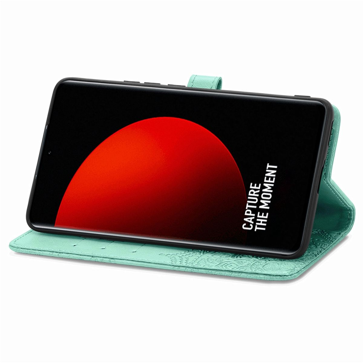 Grüne Handyhülle, offen, mit Telefon. Telefon zeigt roten Kreis und Text. Weißer Hintergrund.