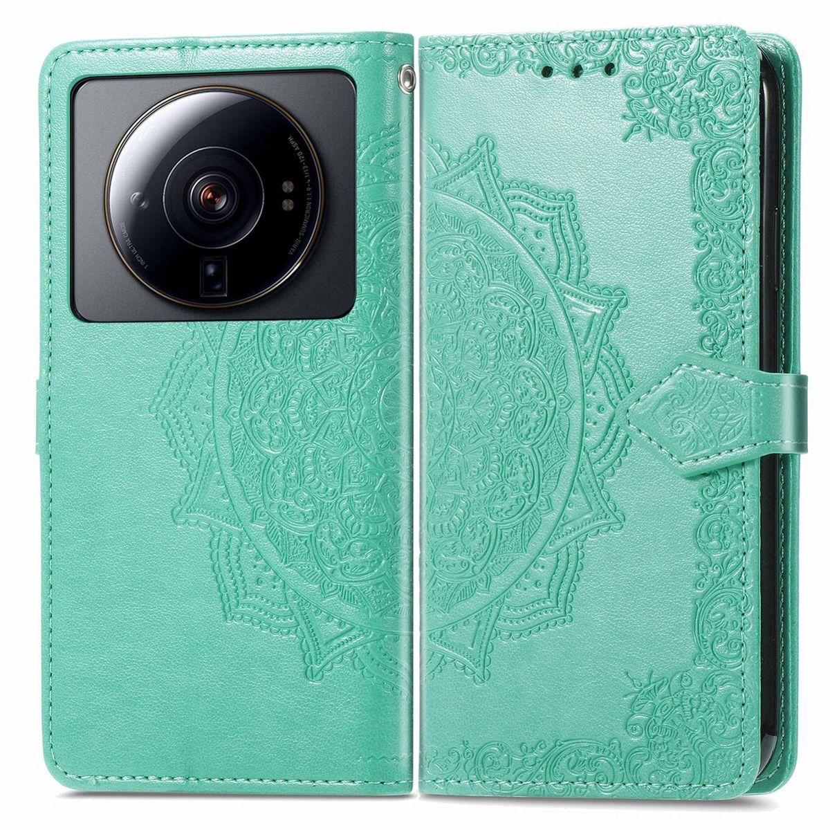 Grüne Handyhülle, geöffnet, zeigt die Rückseite eines Telefons. Blumendesign auf der Hülle.