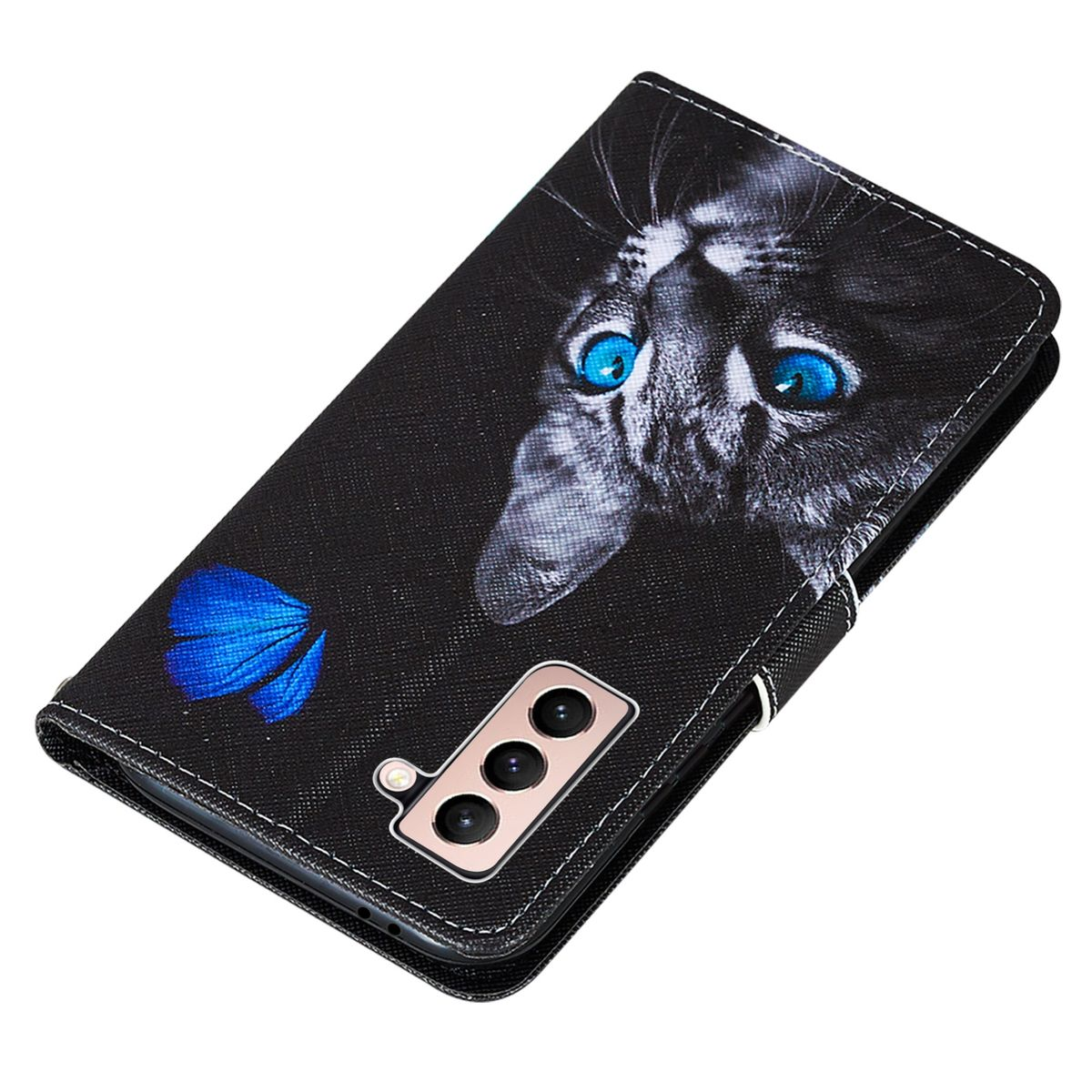 Schwarze Handyhülle mit Katze und Schmetterling auf der Hülle, und Telefonkamera.