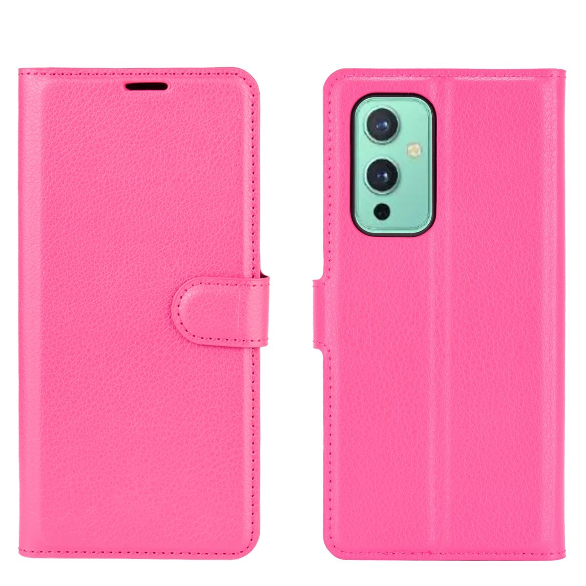 Rosafarbene Handyhülle geöffnet mit einem schwarzen Telefon darin. Die Hülle ist mit einem Magnetband verschlossen.