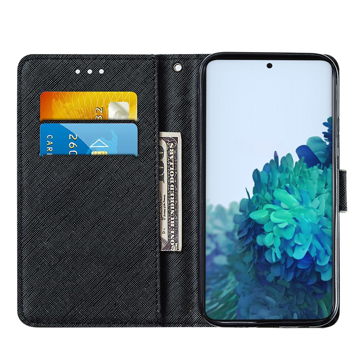 Offene Handyhülle mit Telefon, Karten und Geld. Das Telefon zeigt einen floralen Hintergrund.