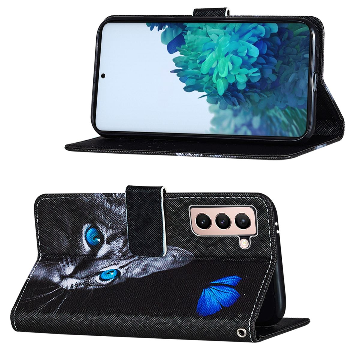 Schwarze Katzen-Handyhülle, geöffnet mit Telefon, Katzenbild und blauem Schmetterling.