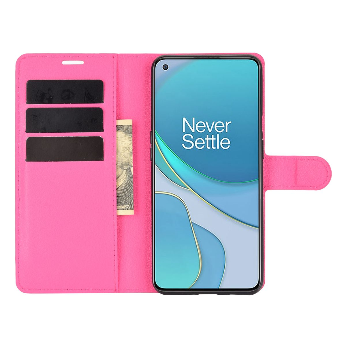 Rosa Handyhülle mit Telefon, das Text anzeigt, und einer Note in einem Kartenfach.