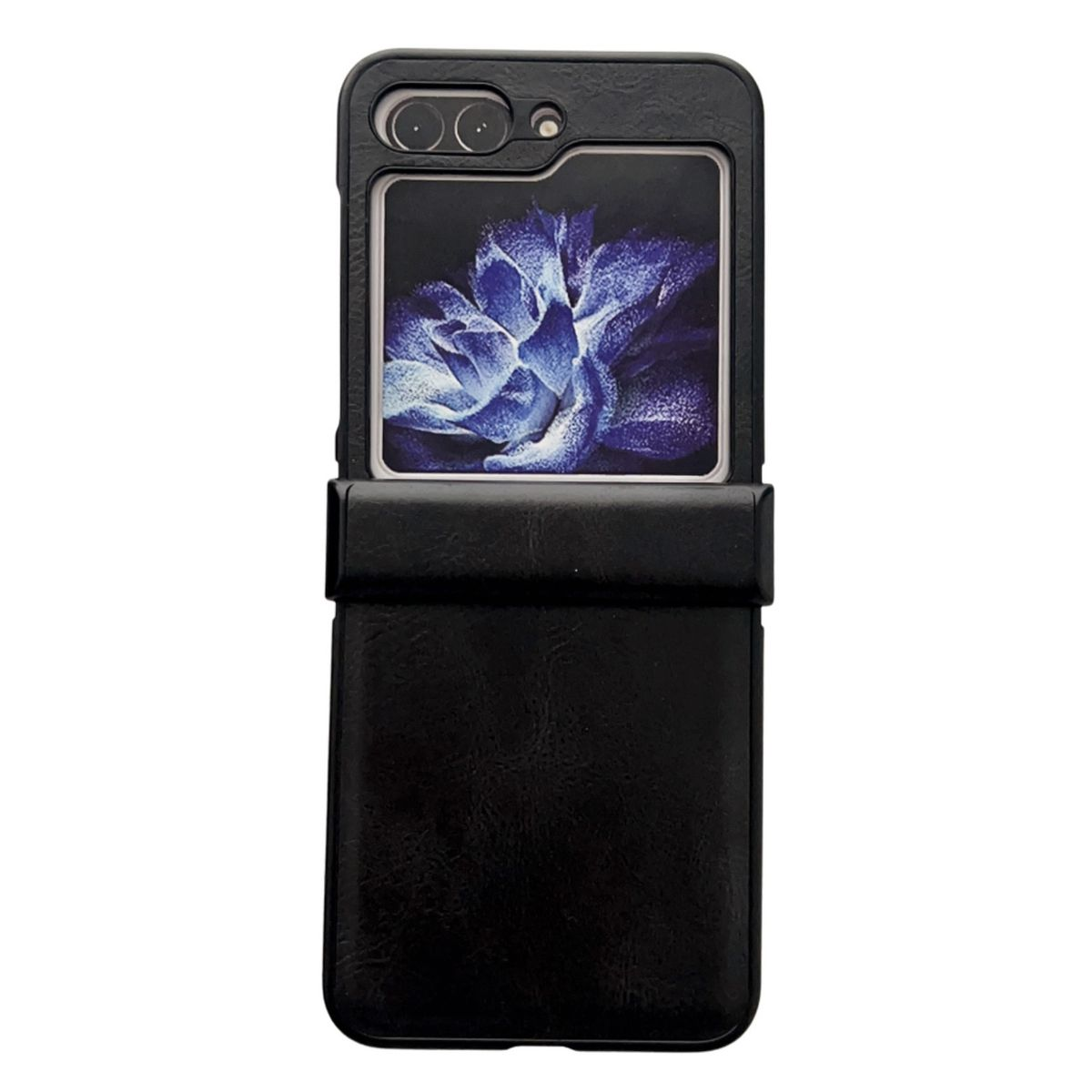 Schwarze Klapp-Handyhülle, offen. Zeigt eine Hülle mit einem Telefon, das eine Blume anzeigt.