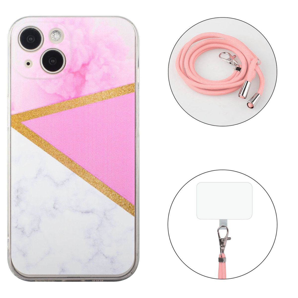 Telefon mit rosa und goldfarbener Hülle. Ein pinkfarbener Telefonriemen und ein Halter sind sichtbar.
