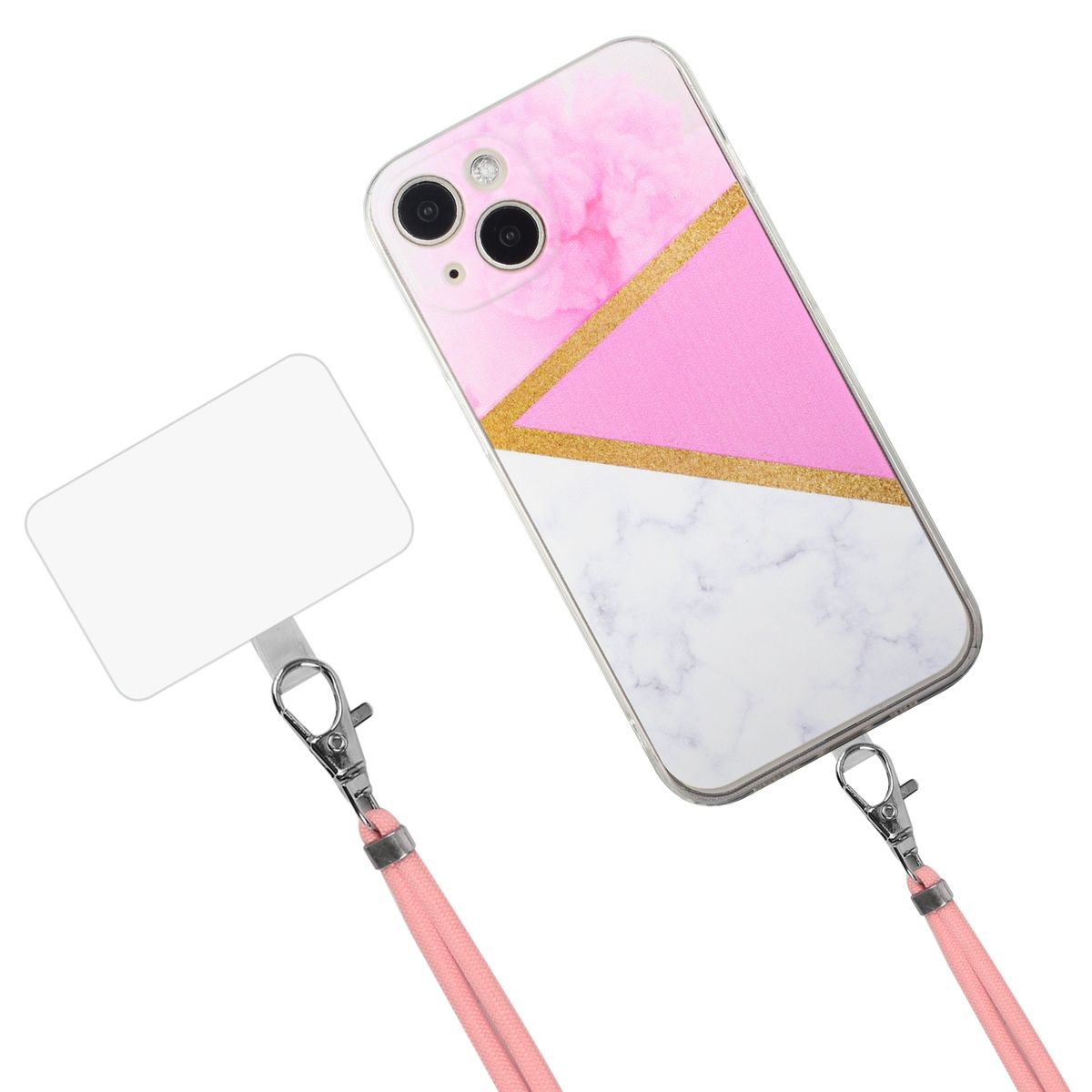 Telefon mit rosa-goldenem Marmordesign, an pinkfarbenem Schlüsselband befestigt. Weißer Hintergrund.