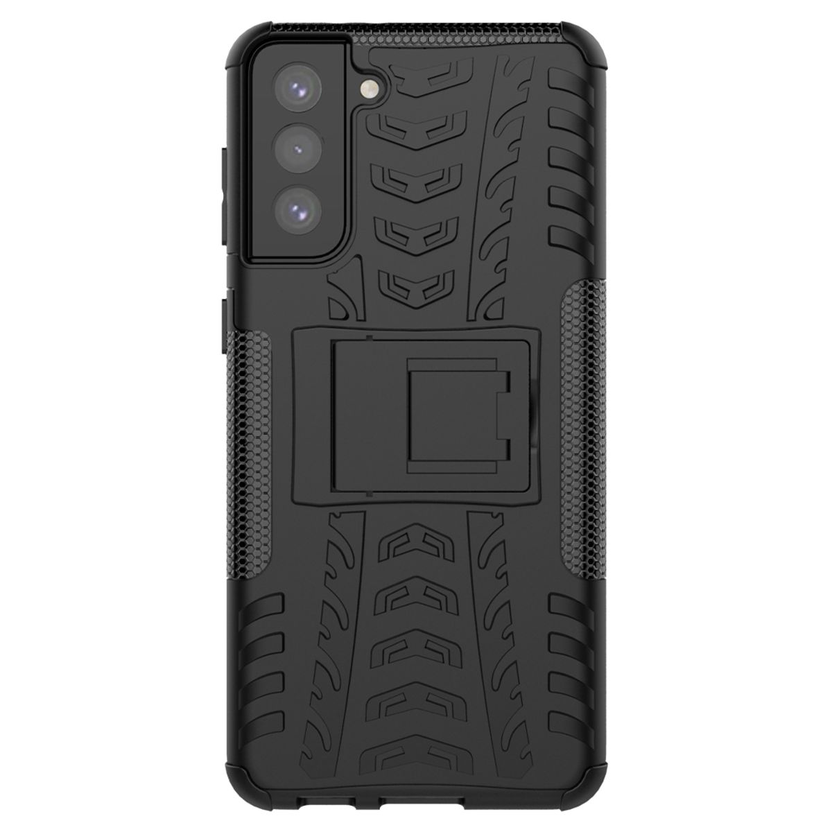 Schwarze Handyhülle mit Ständer. Die Rückseite zeigt ein robustes Design. Der Ständer ist in geöffneter Position.