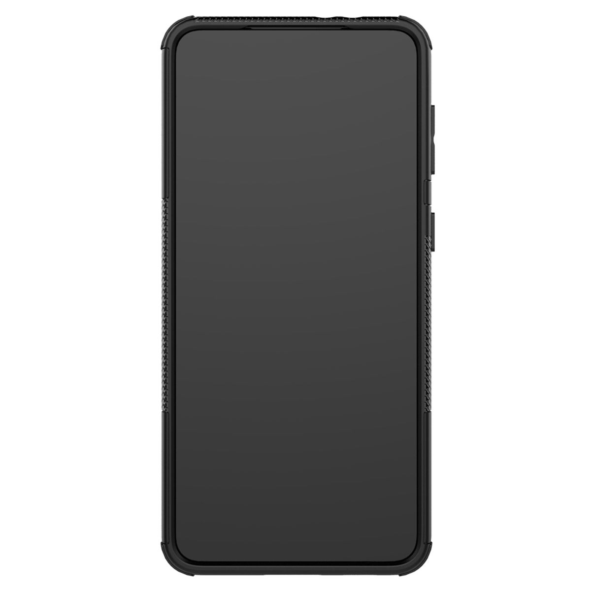 Schwarzes Telefon, der Bildschirm ist eingeschaltet.