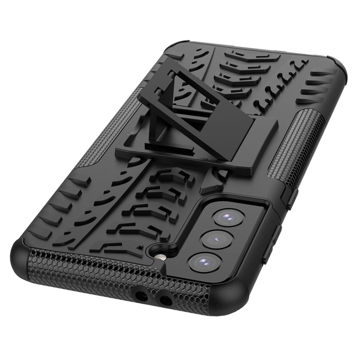 Schwarze Handyhülle mit Ständer. Die Hülle hat ein robustes Design und Kameralöcher.