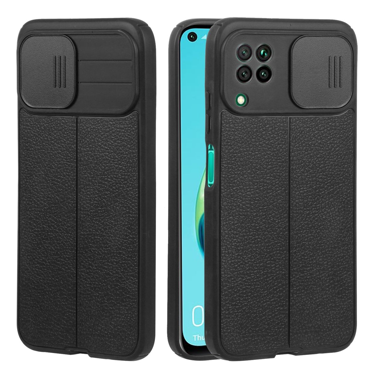 Schwarze Handyhülle mit Kameraabdeckung. Der Telefonbildschirm ist blau.