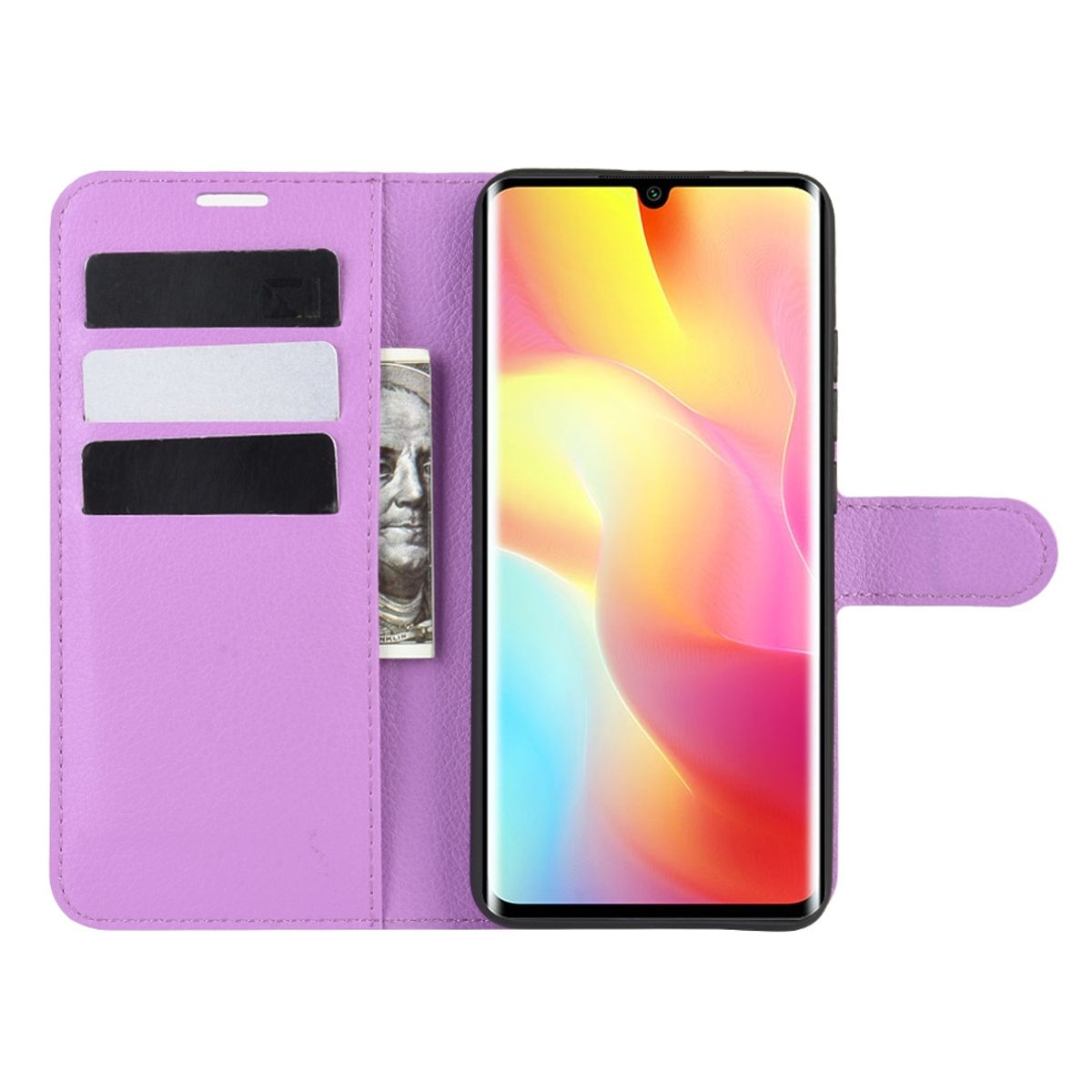 Geöffnete lila Handyhülle mit Telefon darin. Karten und eine Rechnung sind in der Hülle.