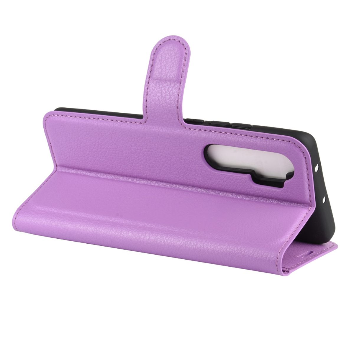 Violette Handyhülle mit Telefon darin. Schwarzes Telefon. Weißer Hintergrund.