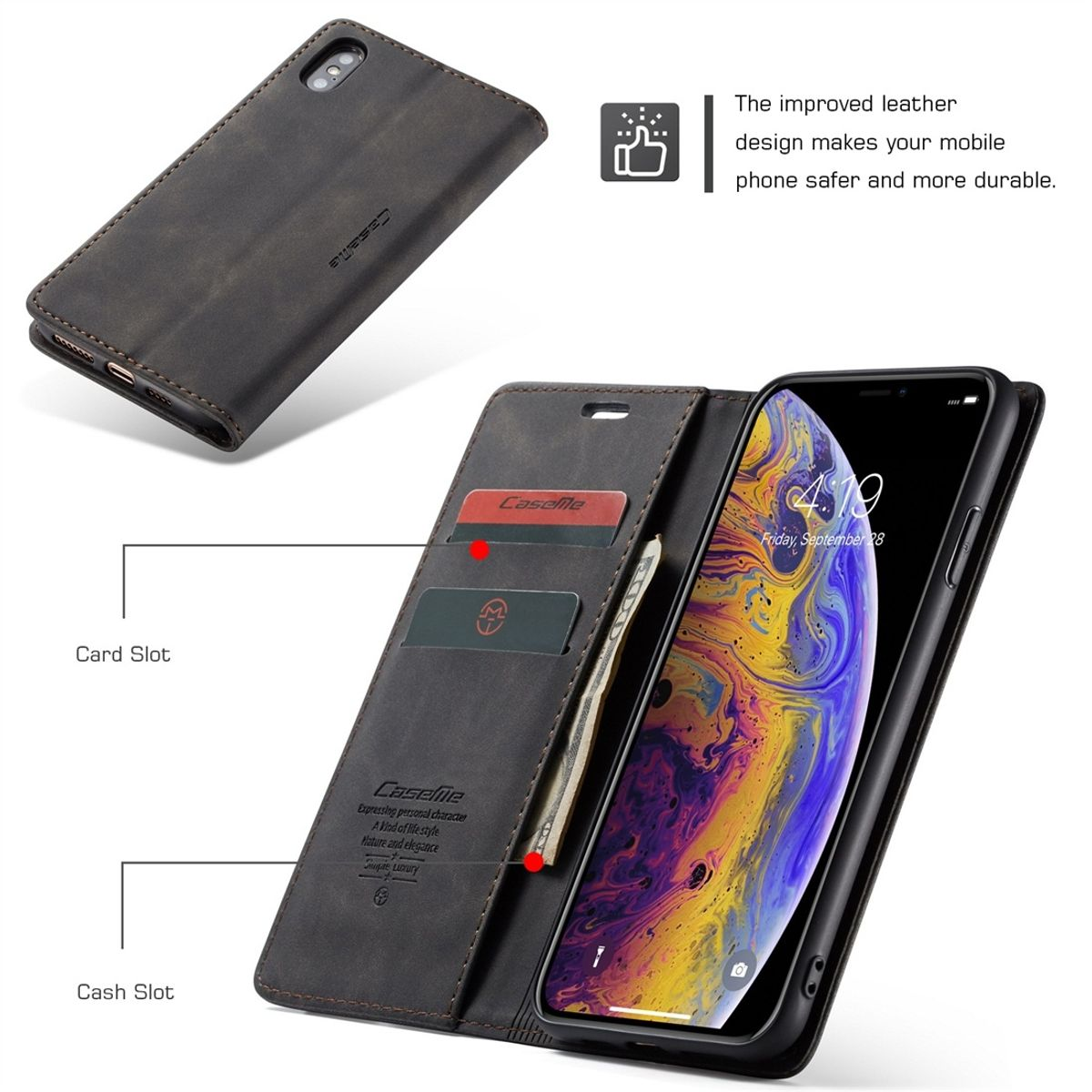 Geöffnete braune Handyhülle mit Karten und einer Rechnung, Telefon mit Hintergrund.