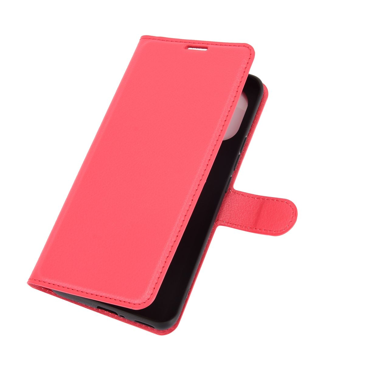 Rote Handyhülle, offen, zeigt das schwarze Telefoninnere. Weißer Hintergrund.