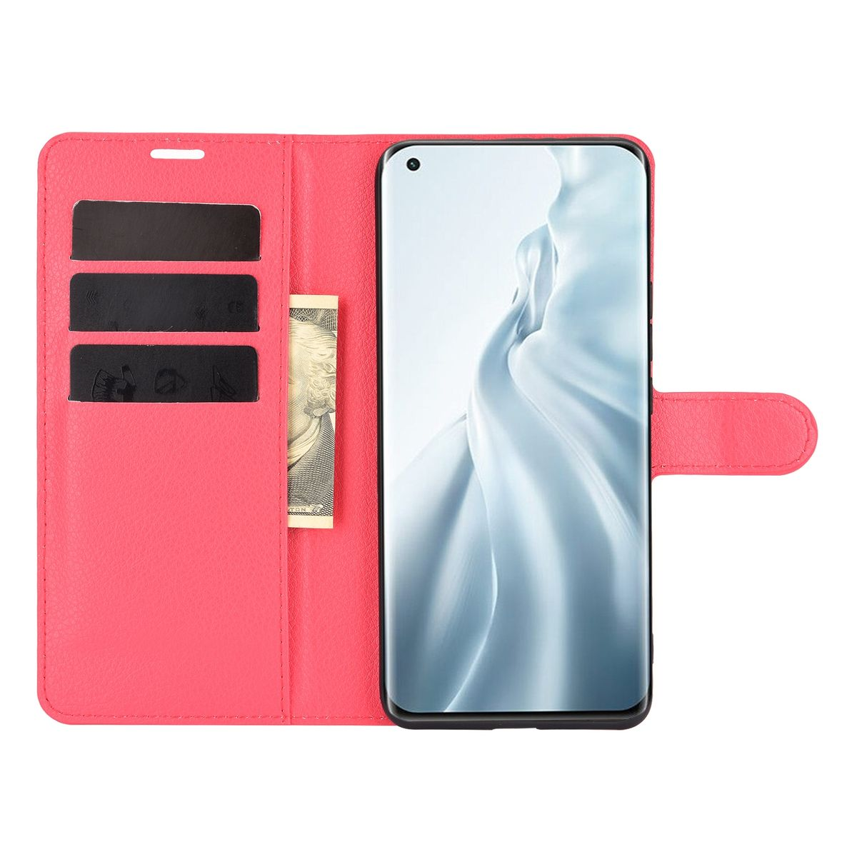 Geöffnete rote Handyhülle mit Telefon darin. Karten und eine Rechnung sind in der Hülle.