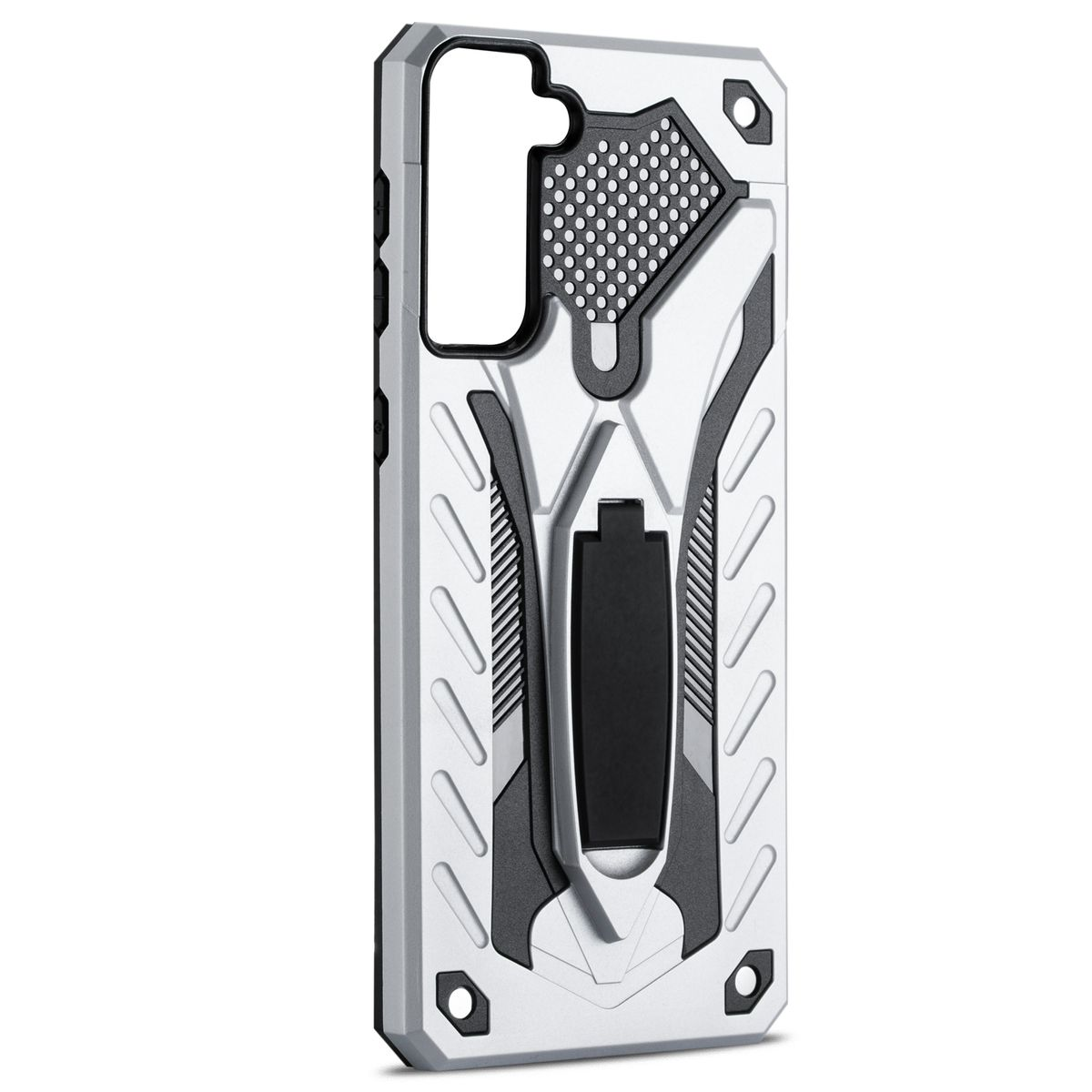 Silberne Handyhülle mit Ständer. Die Hülle hat ein einzigartiges Design und einen Ständer. Der Hintergrund ist weiß.