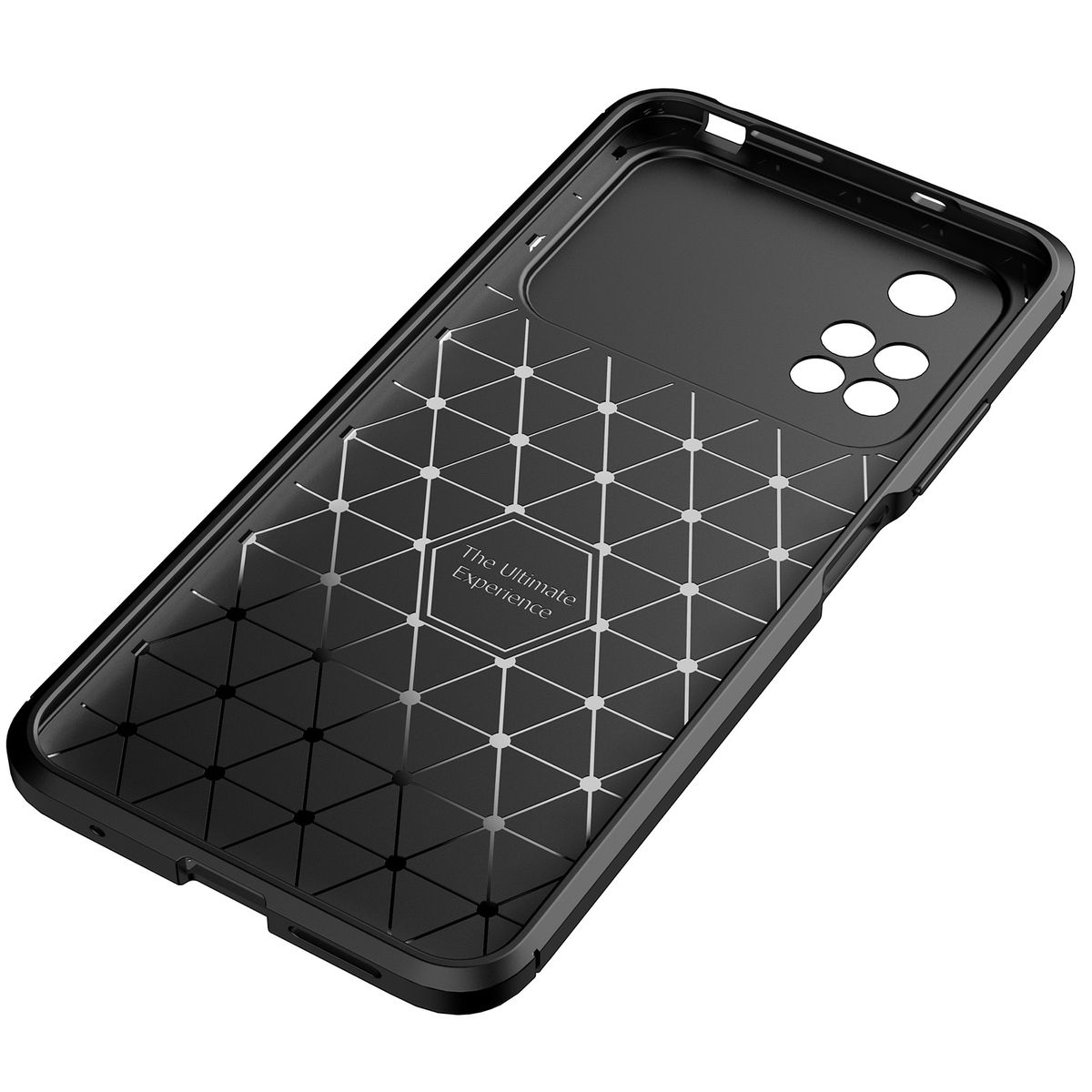 Schwarze Handyhüllenrückseite mit geometrischem Muster und Kameraausschnitten.