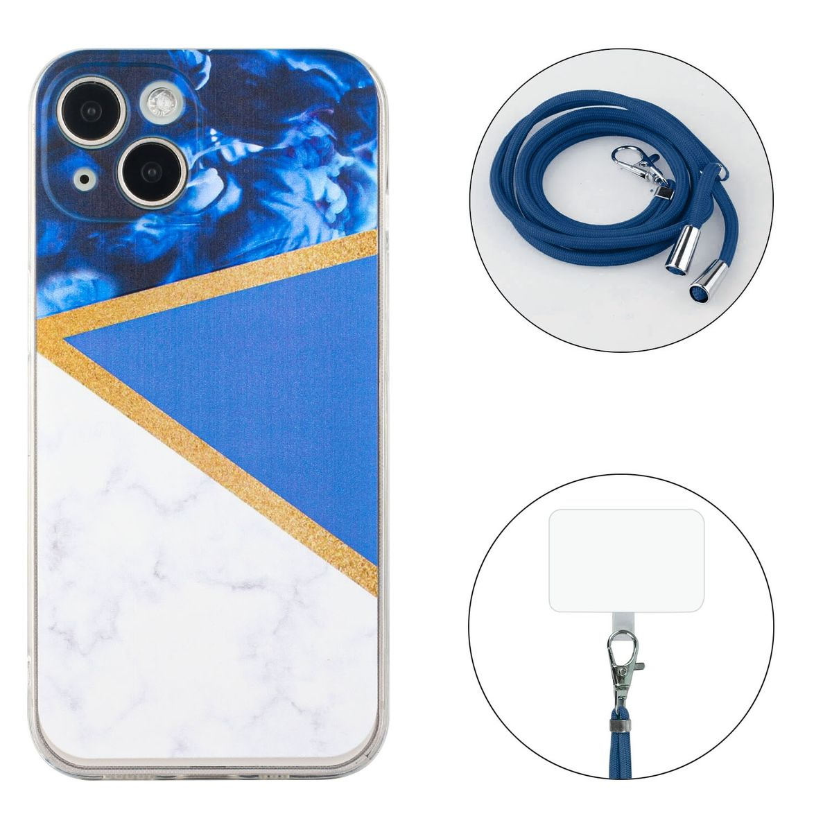 Handyhülle mit blau-weißem Design, mit Riemen und Clip.